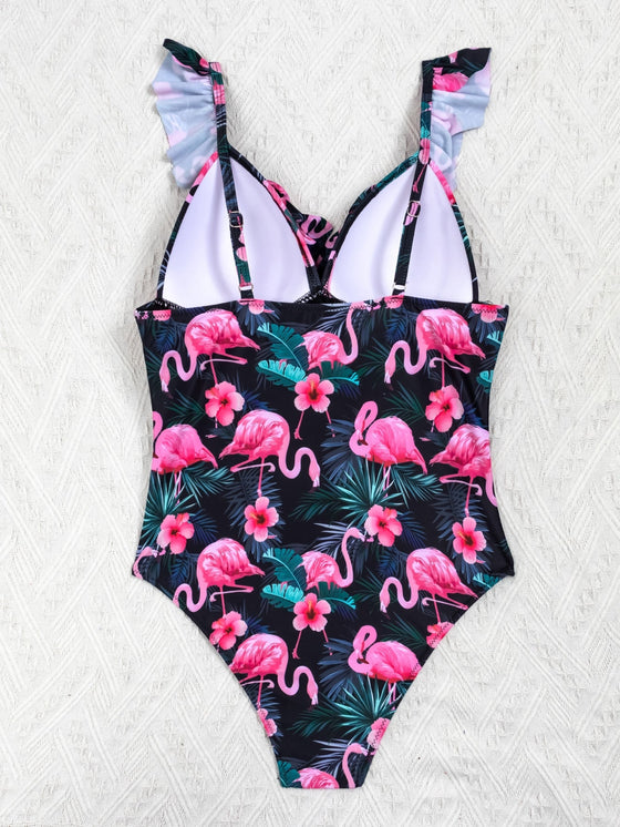 Flamingo Tropical Ruffle One Piece Swimsuit