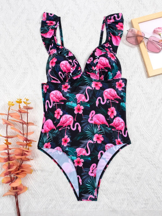 Flamingo Tropical Ruffle One Piece Swimsuit