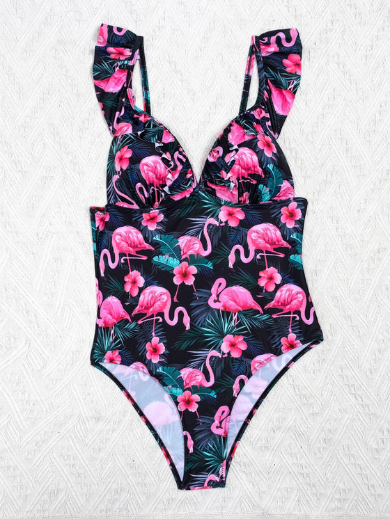 Flamingo Tropical Ruffle One Piece Swimsuit