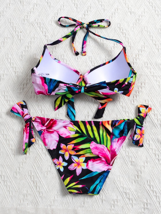 Plant Print Push Up Tie Side Bikini Swimsuit