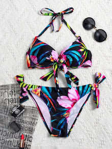  Plant Print Push Up Tie Side Bikini Swimsuit