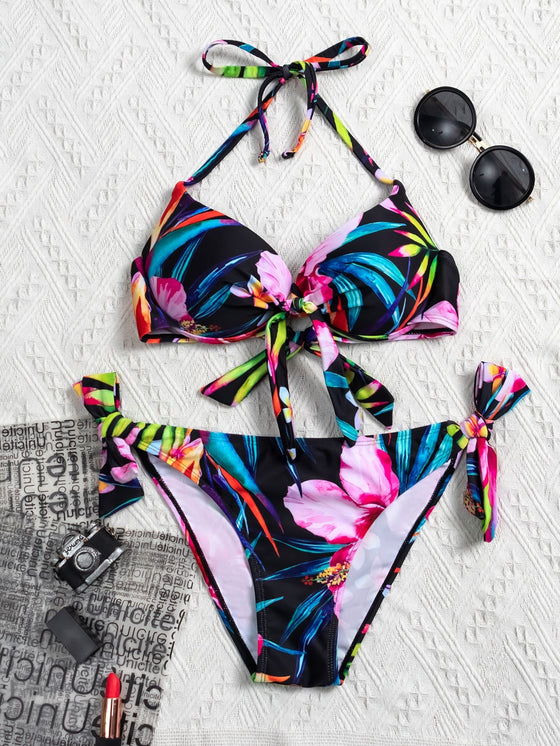 Plant Print Push Up Tie Side Bikini Swimsuit