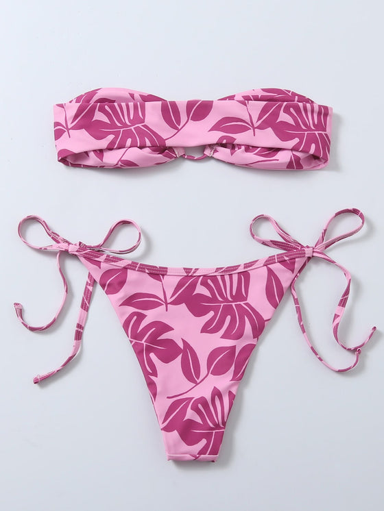 Plant Print Bandeau Tie Side Bikini Swimsuit