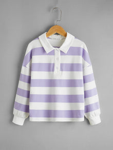  Girls Drop Shoulder Two Tone Half Button Placket Tee