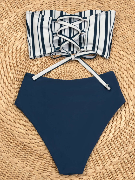 Striped High Waisted Bikini Swimsuit