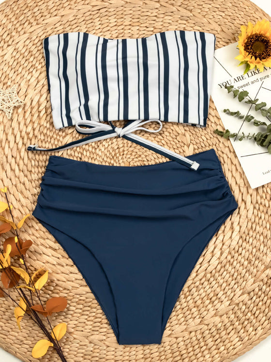 Striped High Waisted Bikini Swimsuit