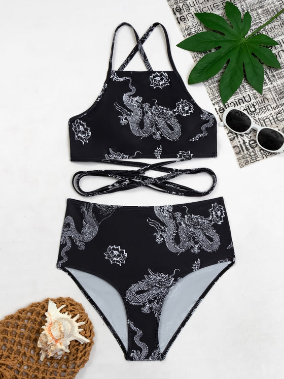 Chinese Dragon Print High Waisted Bikini Swimsuit