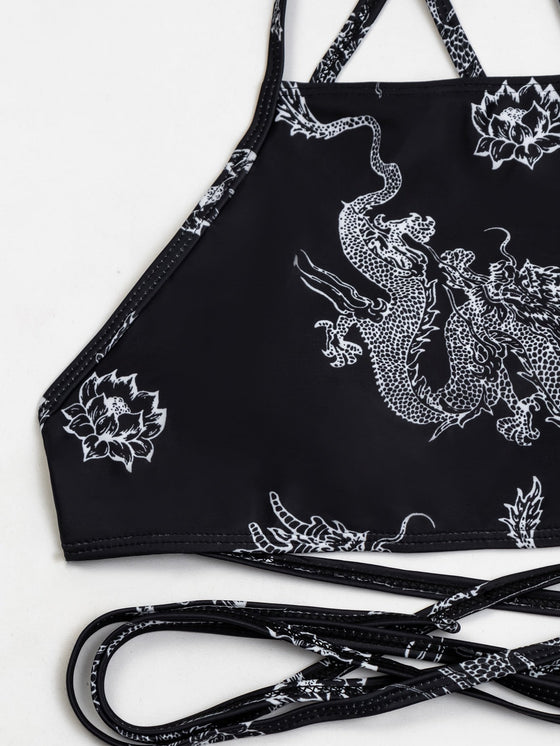 Chinese Dragon Print High Waisted Bikini Swimsuit