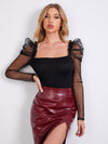 Frill Trim Dobby Sheer Mesh Gigot Sleeve Top