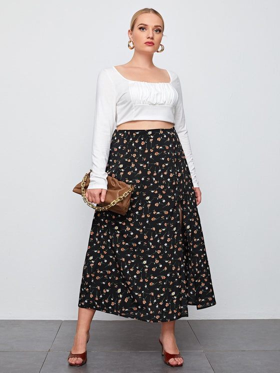 Plus Ditsy Floral Split Skirt