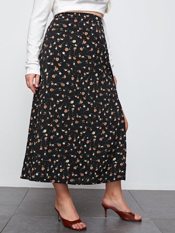 Plus Ditsy Floral Split Skirt