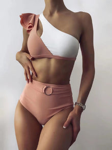  Color Block Ruffle One Shoulder Bikini Swimsuit