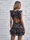 Tie Backless Ruffle Armhole Layered Hem Ditsy Floral Dress