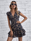 Tie Backless Ruffle Armhole Layered Hem Ditsy Floral Dress