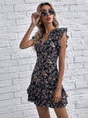 Tie Backless Ruffle Armhole Layered Hem Ditsy Floral Dress