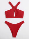 Solid Cross Neck Bikini Swimsuit