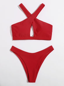  Solid Cross Neck Bikini Swimsuit