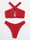 Solid Cross Neck Bikini Swimsuit