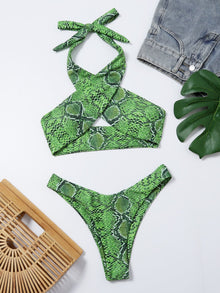  Snakeskin Print Cross Halter Bikini Swimsuit