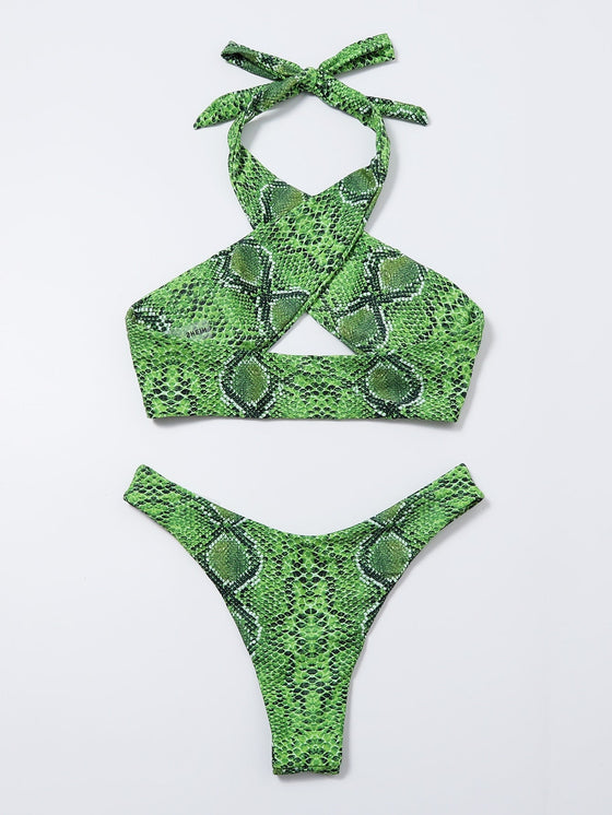 Snakeskin Print Cross Halter Bikini Swimsuit