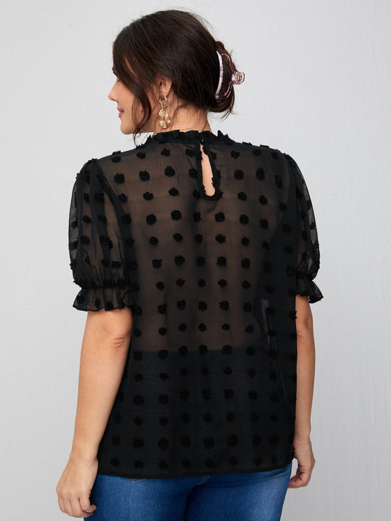 Plus Ruffle Neck Puff Sleeve Appliques Top