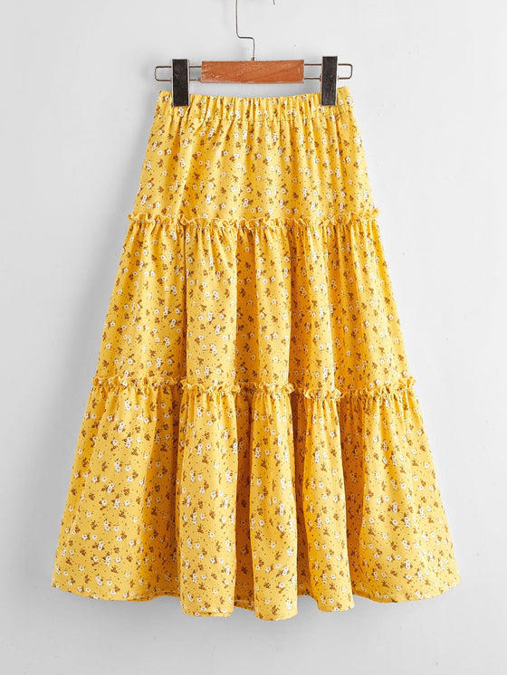 Girls Ditsy Floral Layered Frilled Trim Skirt