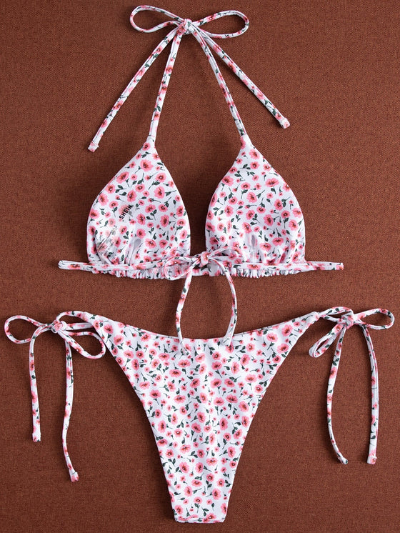 Ditsy Floral Triangle Tie Side Bikini Swimsuit