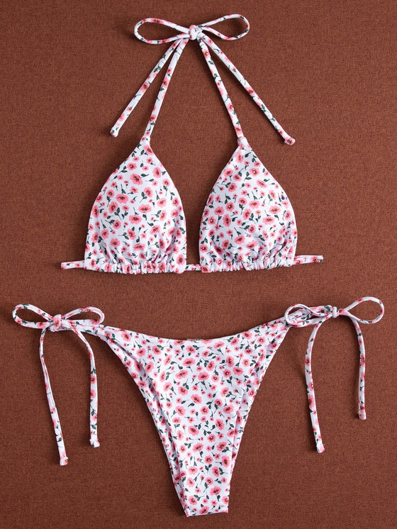 Ditsy Floral Triangle Tie Side Bikini Swimsuit