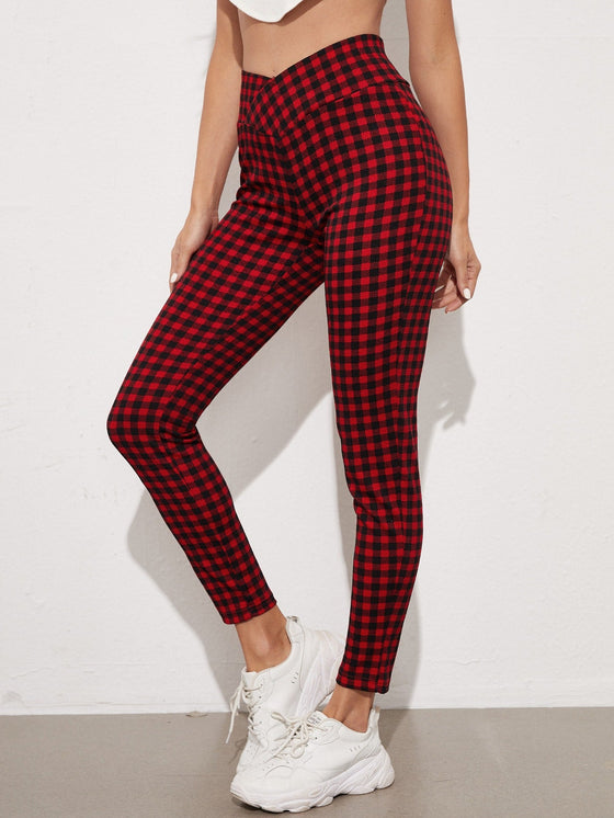 Overlap Waistband Cropped Gingham Leggings