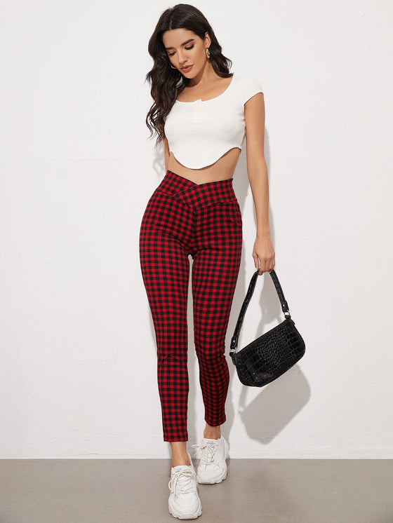 Overlap Waistband Cropped Gingham Leggings