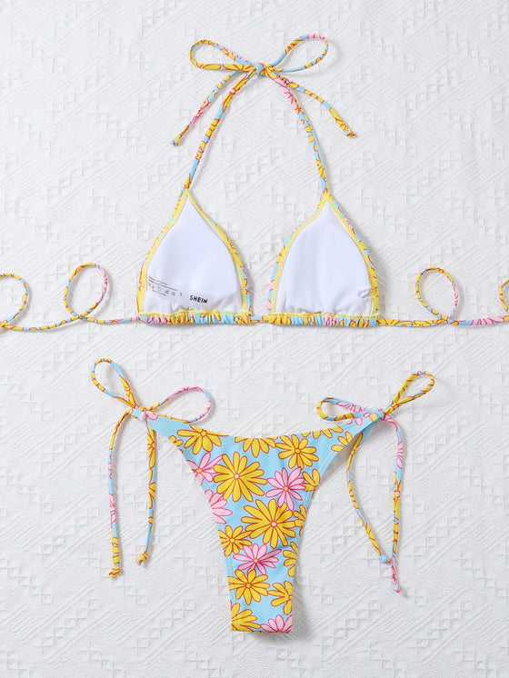 Floral Triangle Tie Side Bikini Swimsuit