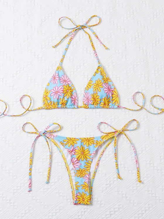 Floral Triangle Tie Side Bikini Swimsuit