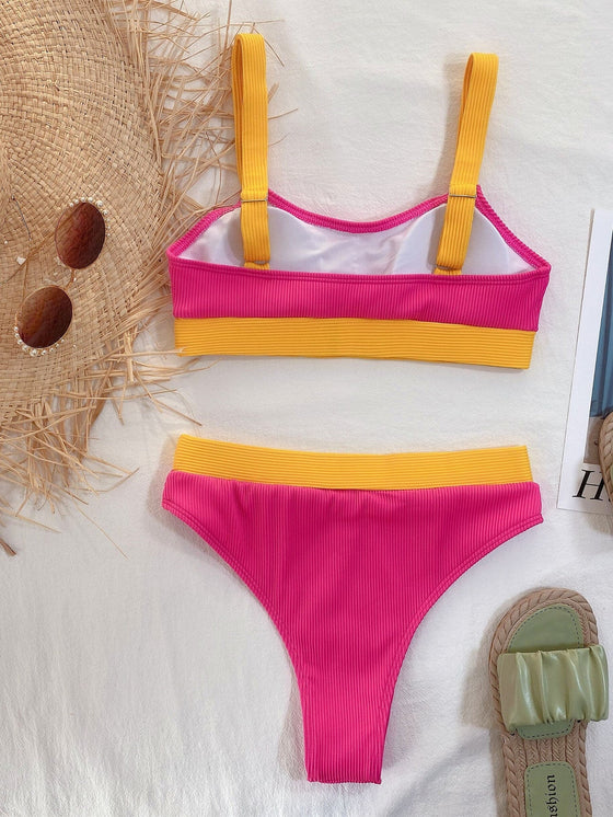 Rib Color Block Bikini Swimsuit