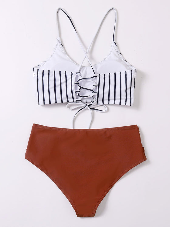 Striped Ruched High Waisted Bikini Swimsuit