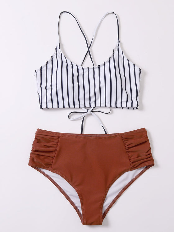 Striped Ruched High Waisted Bikini Swimsuit