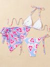 3pack Heart Print Triangle Bikini Swimsuit Beach Skirt