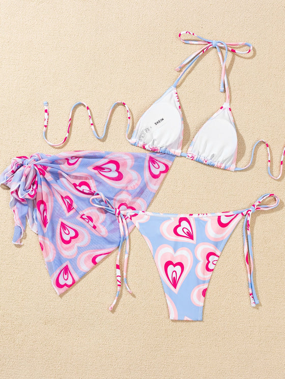 3pack Heart Print Triangle Bikini Swimsuit Beach Skirt