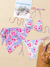 3pack Heart Print Triangle Bikini Swimsuit Beach Skirt