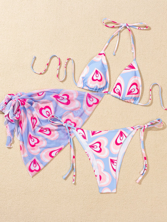 3pack Heart Print Triangle Bikini Swimsuit Beach Skirt