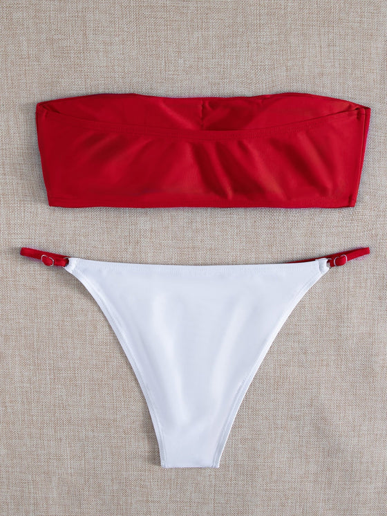 Two Tone Bandeau Thong Bikini Swimsuit