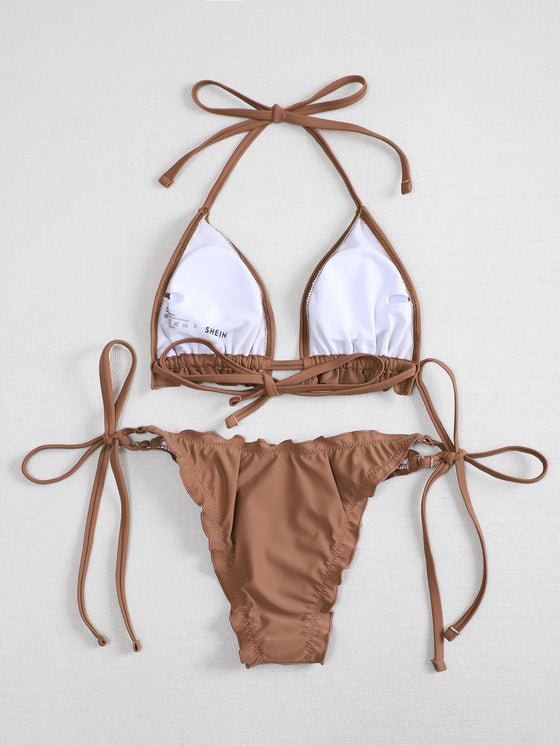 Frill Trim Halter Tie Side Bikini Swimsuit