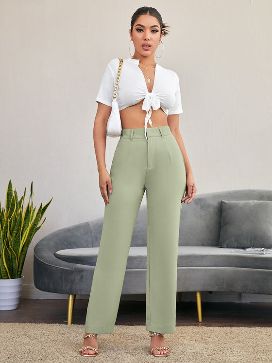 Solid High Rise Tailored Pants