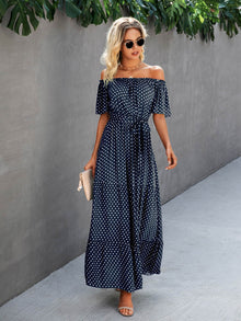  Polka Dot Off the Shoulder Belted Dress