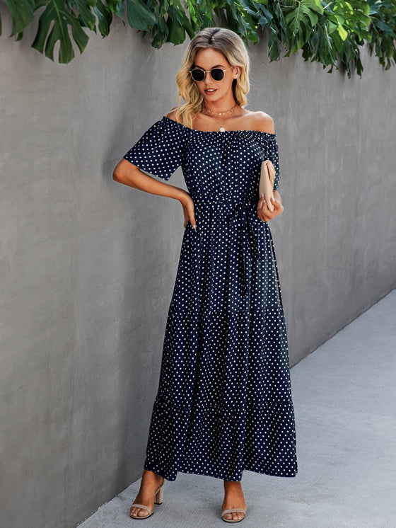 Polka Dot Off the Shoulder Belted Dress