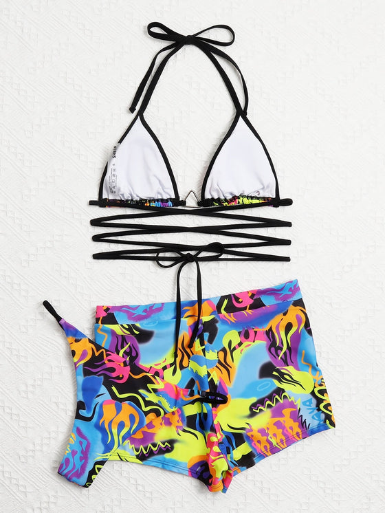 3pack Fire Print Triangle Bikini Swimsuit