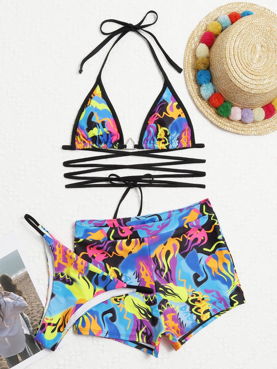 3pack Fire Print Triangle Bikini Swimsuit