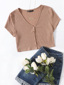  V neck Button Placket Crop Tee