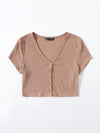 V neck Button Placket Crop Tee