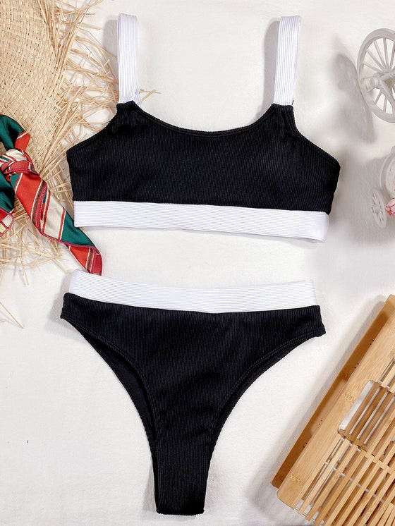 Rib Contrast Trim Bikini Swimsuit