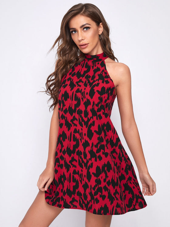 Allover Print Tie Back Halter Dress